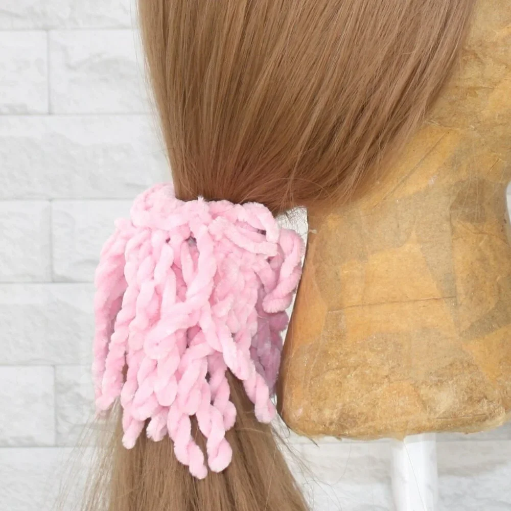 HAND CRAFTED Hair Scrunchie Fringe Crochet Kids Chenille Oversized Pastel Pink